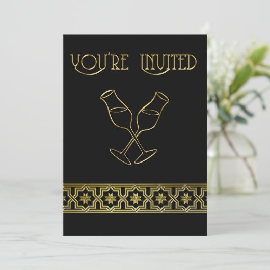 Elegant dinerfeest  zwart gouden wijnglas kaart (Staand voorkant)