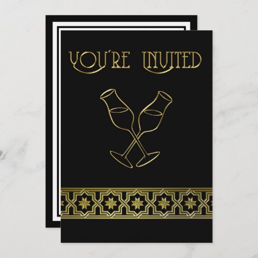 Elegant dinerfeest  zwart gouden wijnglas kaart (Voorkant / Achterkant)