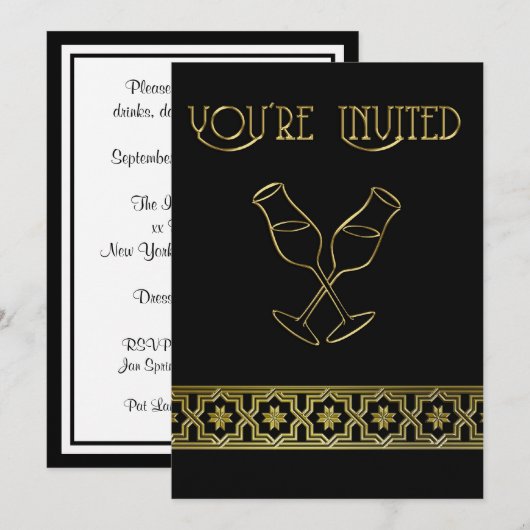 Elegant dinerfeest  Zwarte gouden wijn glas Kaart (Voorkant / Achterkant)