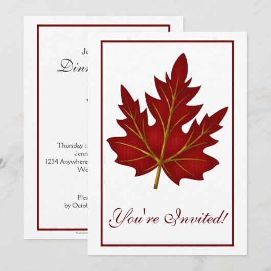 Elegant Dinner Party Invitation Autumn Leaf 1 Kaart (Voorkant / Achterkant)