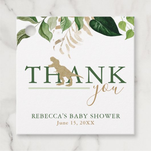 Elegant Dinosaur Green en Gold Baby shower Bedankjes Labels (Voorkant)