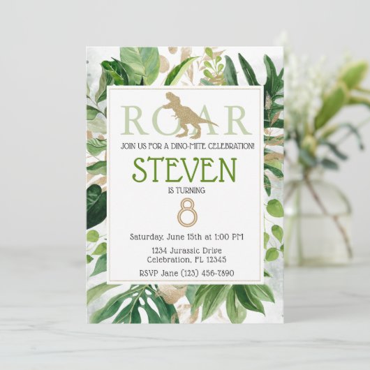 Elegant Dinosaur Green en Gold Birthday Kaart (Staand voorkant)