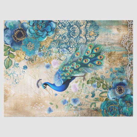 Elegant Distressed Teal Blue Florals & Peacock Tissuepapier (Voorkant)