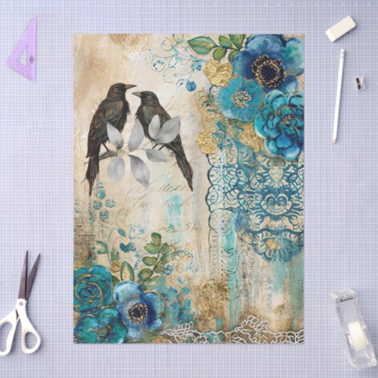 Elegant Distressed Teal Blue Gold Florals & Ravens Tissuepapier (Craft)