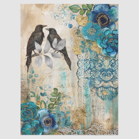 Elegant Distressed Teal Blue Gold Florals & Ravens Tissuepapier (Voorkant)