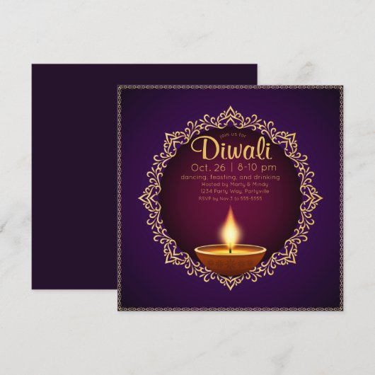 Elegant Diwali Diyas Paarse Kaart (Voorkant / Achterkant)