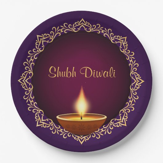 Elegant Diwali Diyas Paarse Papieren Bordje (Voorkant)