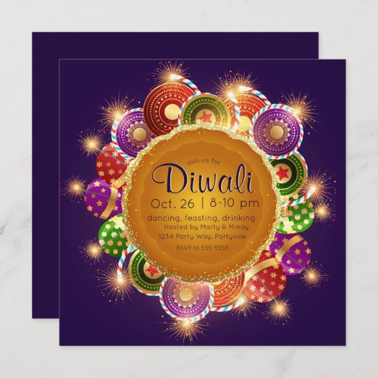 Elegant Diwali Kleurrijk Vuurwerk Kaart (Voorkant / Achterkant)