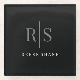 Elegant DIY Gray Monogram & Witte Naam, zwart Glazen Onderzetter