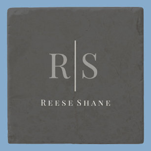 Elegant DIY Gray Monogram & Witte Naam, zwart Stenen Onderzetter