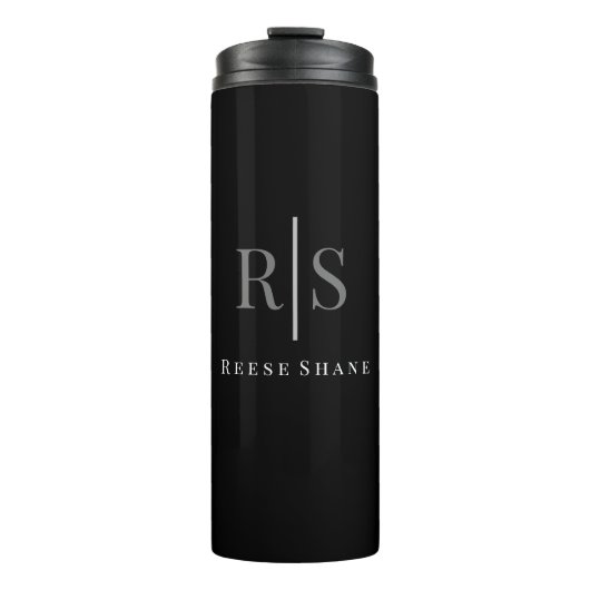 Elegant DIY Gray Monogram & Witte Naam, zwart Thermosbeker (Voorkant)