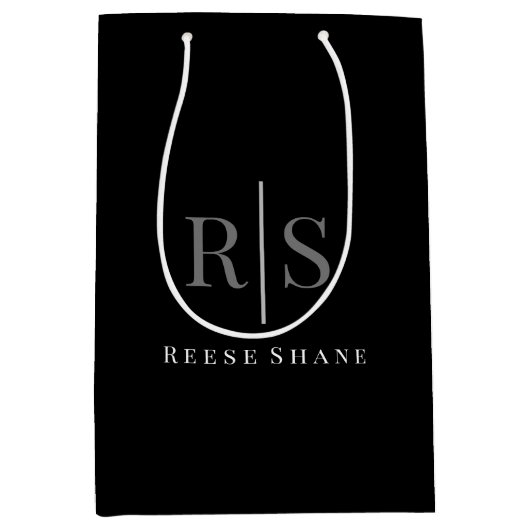 Elegant DIY Grey Monogram & White Name, Black Medium Cadeauzakje (Voorkant)
