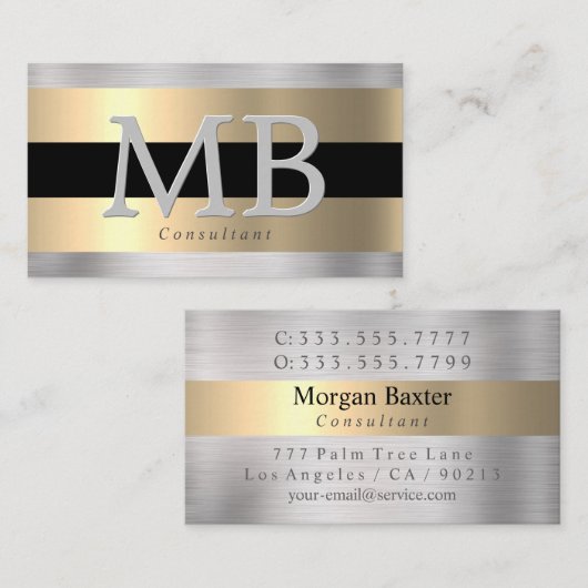 Elegant DIY Monogram, geel goud geborsteld staal z Visitekaartje (Voorkant / Achterkant)