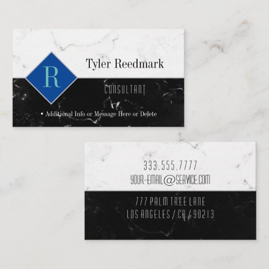 Elegant DIY Monogram Naam Info, Wit & Zwart Marmer Visitekaartje (Voorkant / Achterkant)