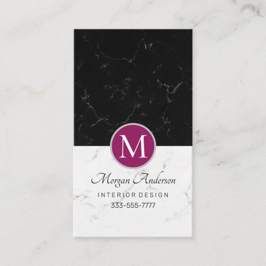 Elegant DIY-monogram, wit en zwart marmer, violet Visitekaartje (Voorkant)