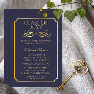 Elegant Dk Blue University Graduation Party Gold Folie Uitnodiging