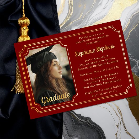 Elegant Dk Red & Gold Photo Graduation Party  Folie Uitnodiging