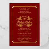 Elegant Dk Red University Graduation Party Gold Folie Uitnodiging (Voorkant)