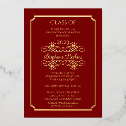 Elegant Dk Red University Graduation Party Gold Folie Uitnodiging (Voorkant)