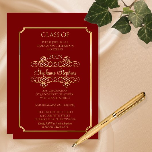 Elegant Dk Red University Graduation Party Gold Folie Uitnodiging