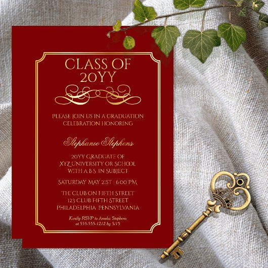 Elegant Dk Red University Graduation Party Gold Folie Uitnodiging