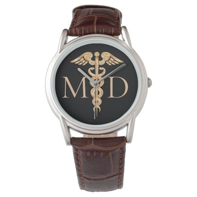 Elegant Doctor Caduceus Symbool Zwart Bruin Leer Horloge (Voorkant)