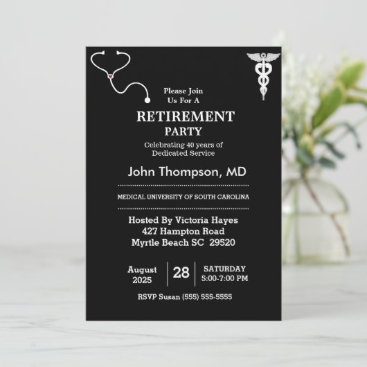 Elegant Doctor Retirement Party Black and White in Kaart (Staand voorkant)