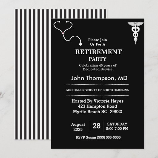 Elegant Doctor Retirement Party Black and White in Kaart (Voorkant / Achterkant)
