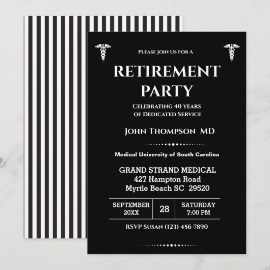Elegant Doctor Retirement Party Black and White Kaart (Voorkant / Achterkant)