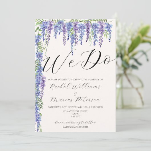 Elegant doen we Paarse Wisteria bloemenbruiloft Kaart (Staand voorkant)