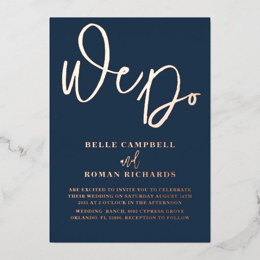 Elegant doen we Roos Gold & Blue Wedding Folie Uitnodiging (Voorkant)