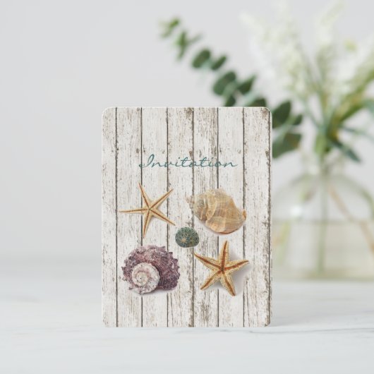 elegant dok hout seizoenshelds strandbruiloft kaart (Staand voorkant)