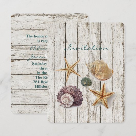 elegant dok hout seizoenshelds strandbruiloft kaart (Voorkant / Achterkant)