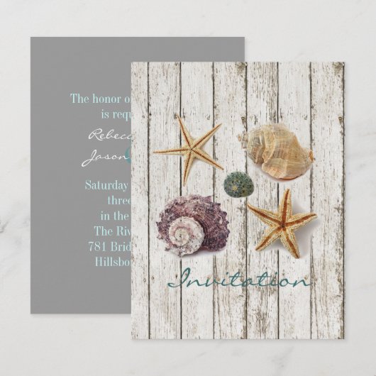 elegant dok hout seizoenshelds strandbruiloft kaart (Voorkant / Achterkant)