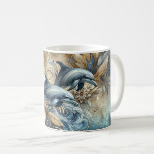 Elegant Dolphins with Golden Floral Waves Koffiemok (Voorkant rechts)