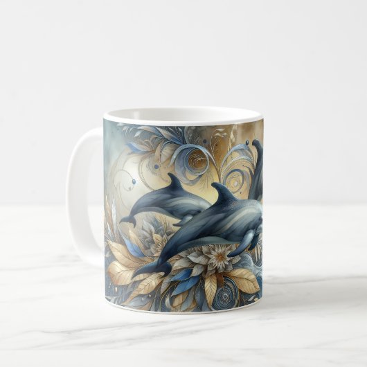 Elegant Dolphins with Golden Floral Waves Koffiemok (Voorkant links)