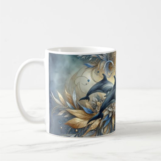 Elegant Dolphins with Golden Floral Waves Koffiemok (Links)