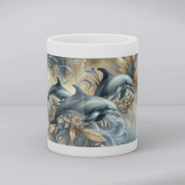 Elegant Dolphins with Golden Floral Waves Koffiemok