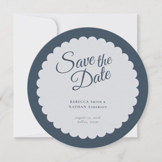 Elegant Donker Blauw Manuscript Scallop Weddenscha Save The Date (Voorkant)