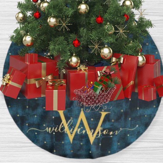 Elegant Donker Blauwgroen Blauw Goud Monogrammed V Kerstboom Rok