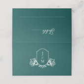 Elegant Donker Blauwgroen Botanisch Monogram Crest Plaatskaartje (Buitenkant ongevouwen)