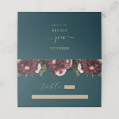 Elegant Donker Blauwgroen Bourgogne Bloemenbruilof Plaatskaartje (Buitenkant ongevouwen)