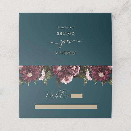 Elegant Donker Blauwgroen Bourgogne Bloemenbruilof Plaatskaartje (Buitenkant ongevouwen)