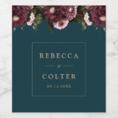 Elegant Donker Blauwgroen Bourgogne Bloemenbruilof Wijn Etiket (Enkel label)