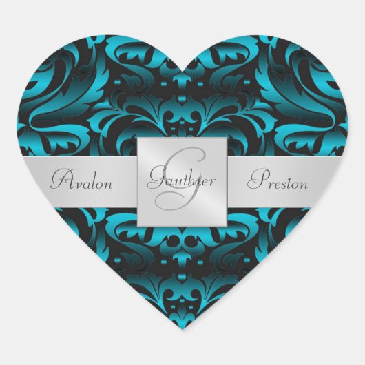 Elegant Donker Blauwgroen Damask Hart Bruiloft Sti Sticker (Voorkant)