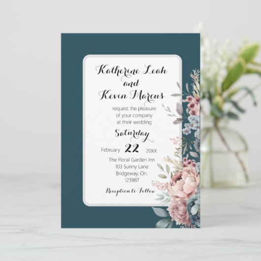 Elegant Donker Blauwgroen Stoffig Roos Bloemen Kaart (Staand voorkant)