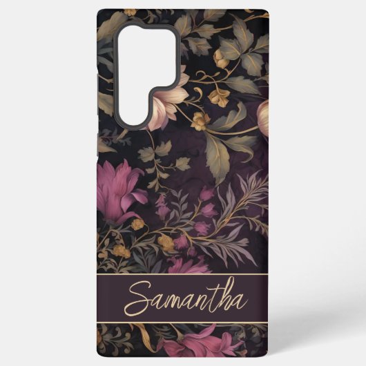 Elegant donker bloempatroon met naam samsung galaxy hoesje (Achterkant)