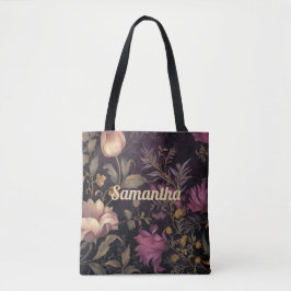Elegant donker bloempatroon met naam tote bag