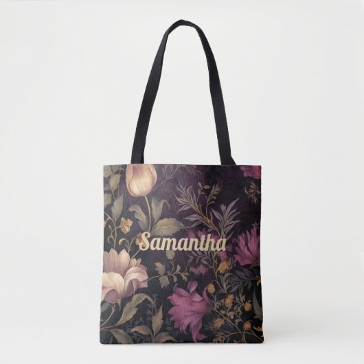 Elegant donker bloempatroon met naam tote bag (Voorkant)