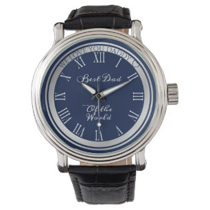 Elegant donker Blue Silver Border Beste pap tekst Horloge